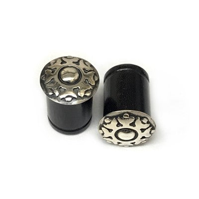 Black Dogwood Plugs with Ornate Silver Pattern - PBDS14
