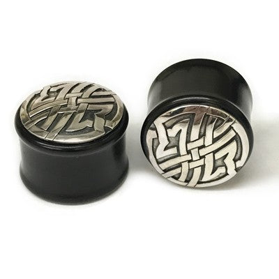 Black Dogwood Plugs with Ornate Silver Pattern - PBDS27