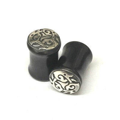 Black Dogwood Plugs with Ornate Silver Pattern - PBDS3