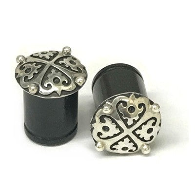 Black Dogwood Plugs with Ornate Silver Pattern - PBDS4