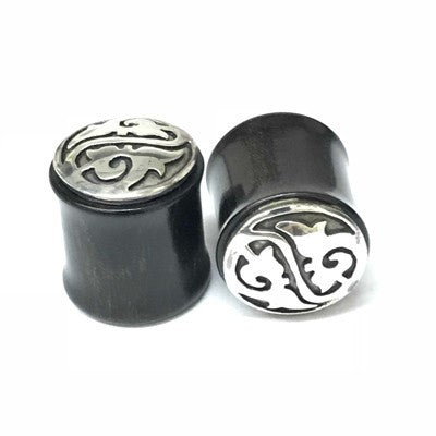 Black Dogwood Plugs with Ornate Silver Pattern - PBDS5