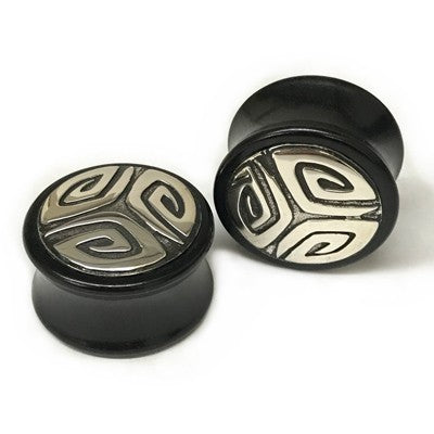 Black Dogwood Plugs with Ornate Silver Pattern - PBDS6