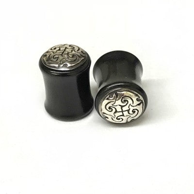 Black Dogwood Plugs with Ornate Silver Pattern - PBDS1