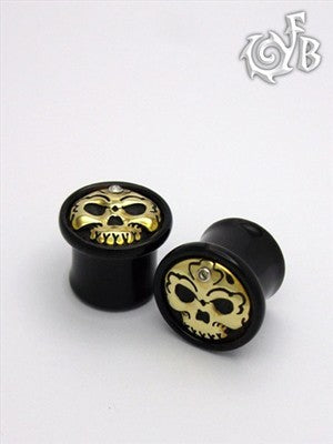 Black Horn Tibetan Skull Plugs with Brass Skull Inlay