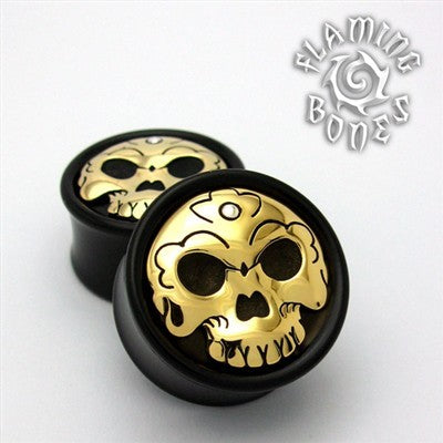 Black Wood Tibetan Skull Plugs with Brass Skull Inlay and Silver Accent