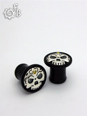 Black Horn Tibetan Skull Plugs with Silver Skull Inlay and 14k Gold Accent