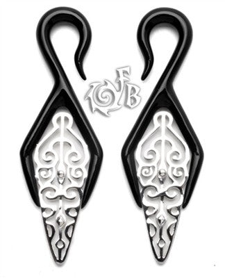 Black Water Buffalo Horn Birkana Lattice Hooks with Silver Accents and Display Stand