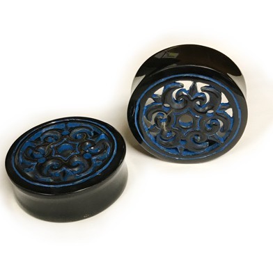Black Water Buffalo Horn with Lacquer Inlay Lattice Eyelets - Style EHL24
