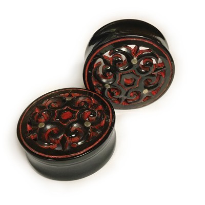 Black Water Buffalo Horn with Lacquer Inlay Lattice and Silver Accents Eyelets - Style EHL24B