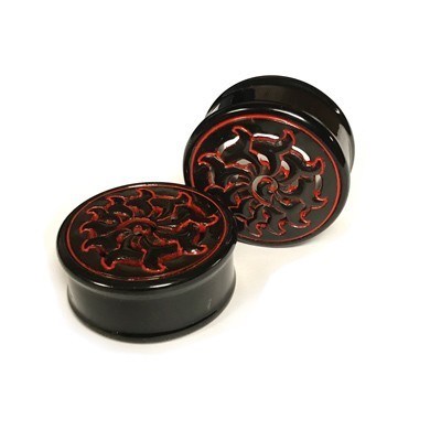1-1/2" Black Water Buffalo Horn with Red Lacquer Inlay Lattice Eyelets - Style EHL4