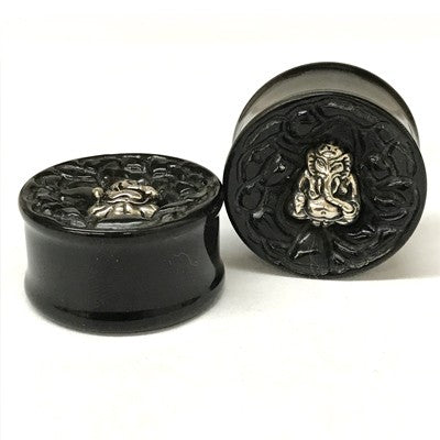 Black Water Buffalo Plug with Silver Ganesha Inlay