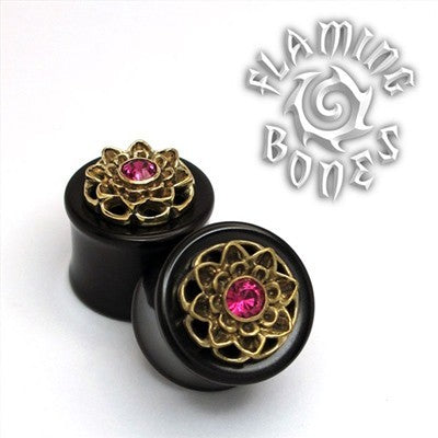 Black Wood Plugs with a Brass Mounted Lotus and Gem Accent