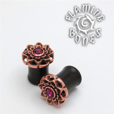 Black Wood Plugs with a Copper Mounted Lotus and Gem Accent