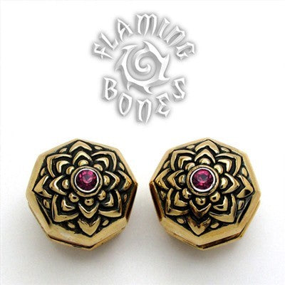 Brass Jeweled Lotus Ear Weight with Inlayed Accent