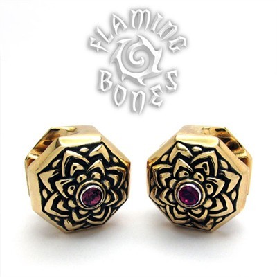 Brass Jeweled Lotus Ear Weight with Inlayed Accent