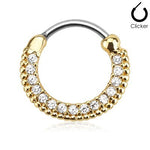 16g 3/8" Round Bar 14k Gold Plated Surgical Steel Jeweled Septum / Cartilage Clicker