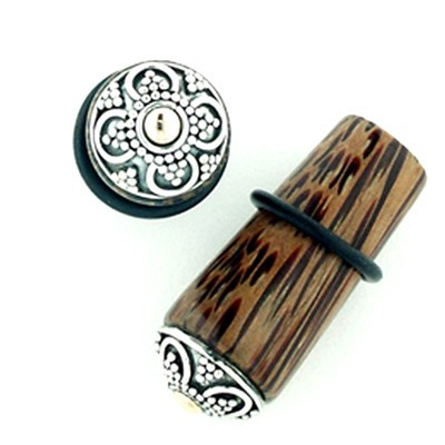 Coconut Wood Long Tapered Plugs with Inlay Made of Silver