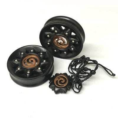 Dayak Rosette in Black Dogwood with Copper & Silver with Matching Necklace