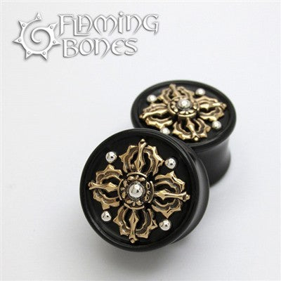 3/4" Dorje Collectors Edition 3 Plugs - Brass Inlayed to Double Flared Black Wood with Silver Dome Accents