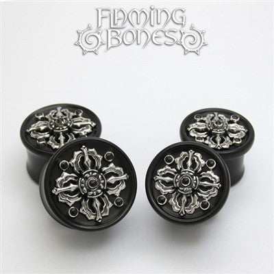 Dorje Collectors Edition 3 Plugs - Steel Inlayed to Double Flared Black Wood with Jet Cabochon Accents