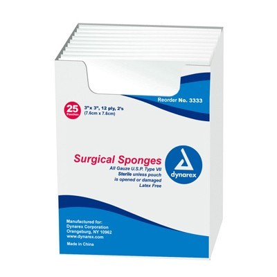 Dynarex Surgical Gauze Sponge Sterile 2's - 3"x 3" 12 Ply - Box of 25