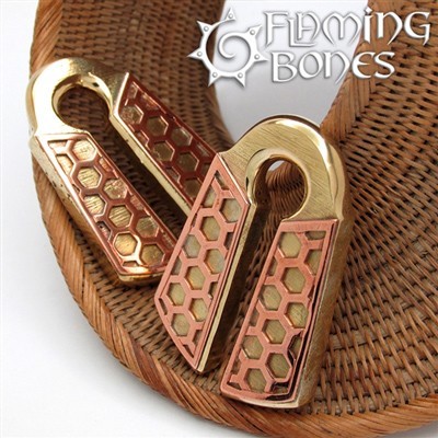 Hand Forged Brass Hex Magic 1 Ear Weights with  Shaku-do Pattern