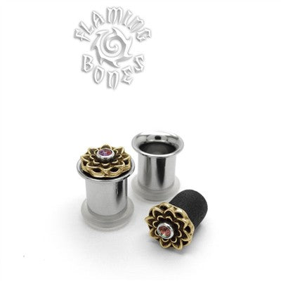0g Jeweled Lotus Rubber Eyelet Insert - Brass