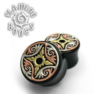 Mixed Metal Organic Black Dogwood Plugs - Silver, Shaku-Do & Alpha Brass - Dayak Rosette