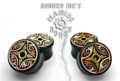 Mixed Metal Organic Black Water Buffalo Horn Plugs - Silver, Shaku-Do & Alpha Brass - Dayak Rosette