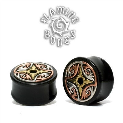 Mixed Metal Organic Black Dogwood Plugs - Silver, Shaku-Do & Alpha Brass - Dayak Rosette