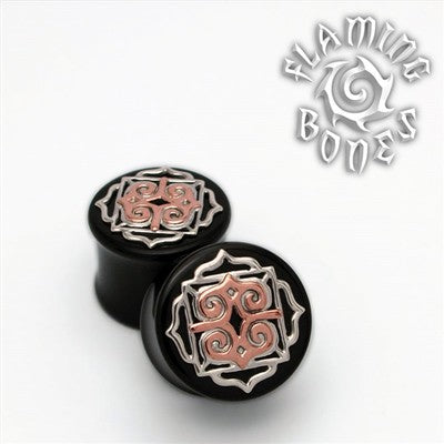 Mixed Metal Organic Black Water Buffalo Horn Plugs - Silver & Shaku-Do - Ainu-Mandala