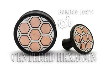 Mixed Metal Organic Black Water Buffalo Horn Plugs - Silver & Shaku-Do Centered Hexagon