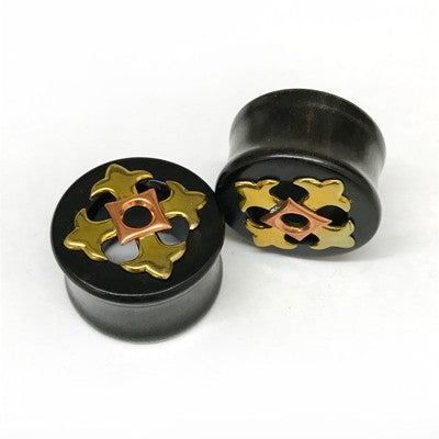 Mixed Metal Single Flare Organic Black Dogwood Eyelets with Copper and Brass Medieval Cross Inlay