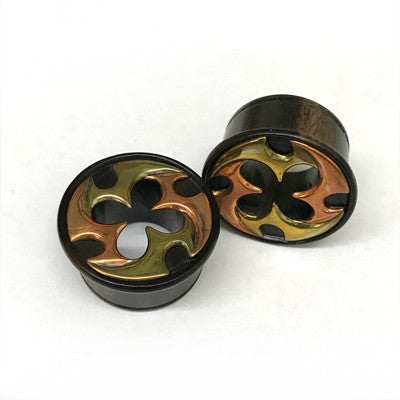 Mixed Metal Single Flare Organic Black Dogwood Eyelets with Brass and Copper "Polaris" Inlay