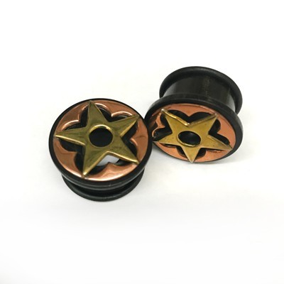 Mixed Metal Single Flare Organic Black Dogwood Eyelets with Copper and Brass Star Inlay