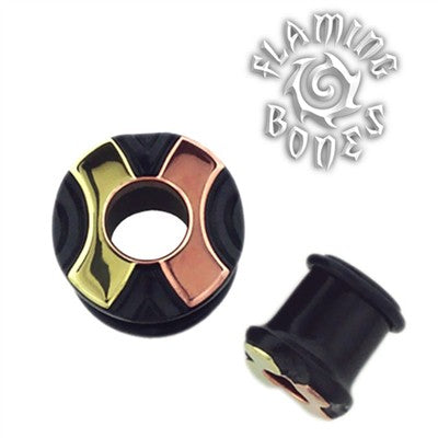 Mixed Metal Single Flare Organic Black Dogwood Eyelets with Copper and Brass "Concentric" Inlay