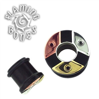 Mixed Metal Single Flare Organic Black Dogwood Eyelets with Copper, Silver, and Brass Rule of Three "Triangulum" Inlay