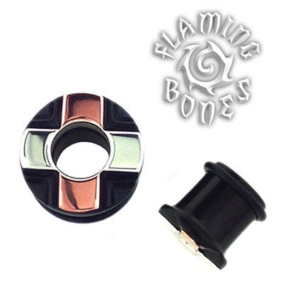 Mixed Metal Single Flare Organic Black Dogwood Eyelets with Copper and Silver "Quadrangle" Inlay