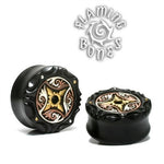 Ornamental Mixed Metal Organic Black Dogwood Plugs - Silver, Shaku-Do & Alpha Brass - Dayak Rosette