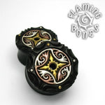 Ornamental Mixed Metal Organic Black Dogwood Plugs - Silver, Shaku-Do & Alpha Brass - Dayak Rosette