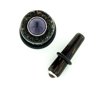 Palm Wood Long Tapered Plugs with Silver and Gem Inlay
