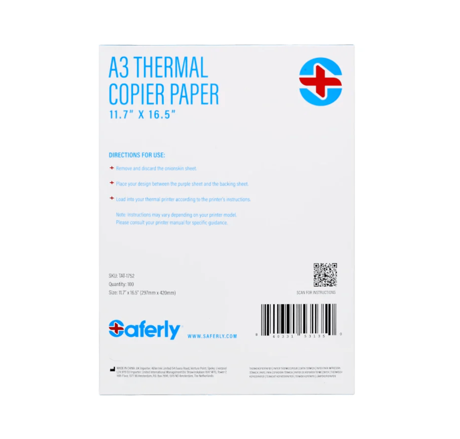 Saferly A3 Thermal Copier Paper — 11.7” x 16.5” — 100 Sheets