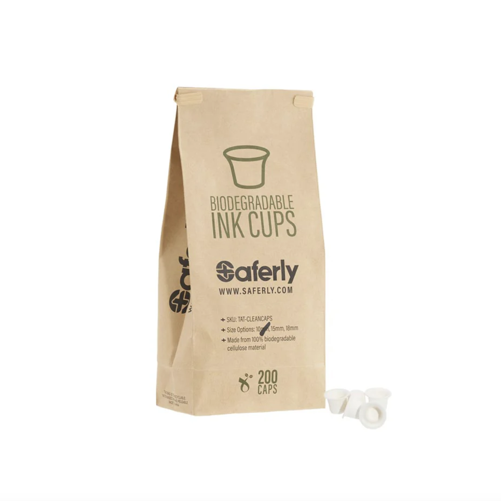 Saferly Clean Caps — Bag of 200 Biodegradable Ink Cups — Pick Size