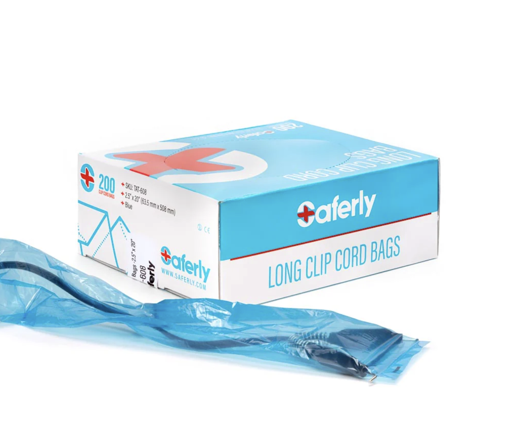 Saferly 20" Clip Cord Sleeves + Machine Bags — Blue — Box of 200