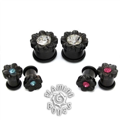 Single Flare Organic Black Dogwood Plugs with Gem - Faceted Flora