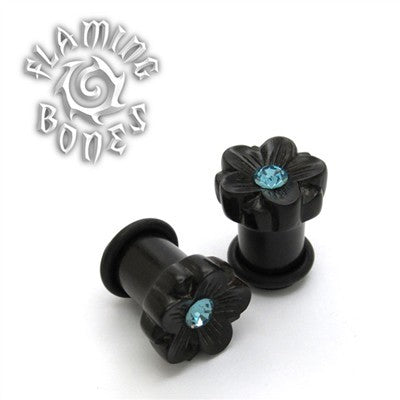 Single Flare Organic Black Dogwood Plugs with Gem - Faceted Flora
