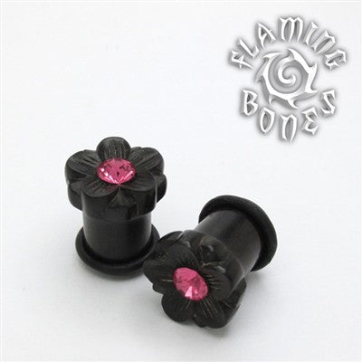 Single Flare Organic Black Dogwood Plugs with Gem - Faceted Flora