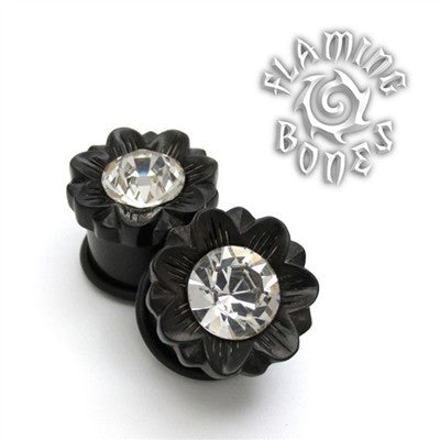 Single Flare Organic Black Dogwood Plugs with Gem - Faceted Flora