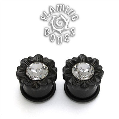Single Flare Organic Black Dogwood Plugs with Gem - Faceted Flora