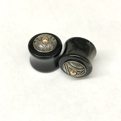 Traditional Black Water Buffalo Horn Balinese Plugs with Silver - PHTB2